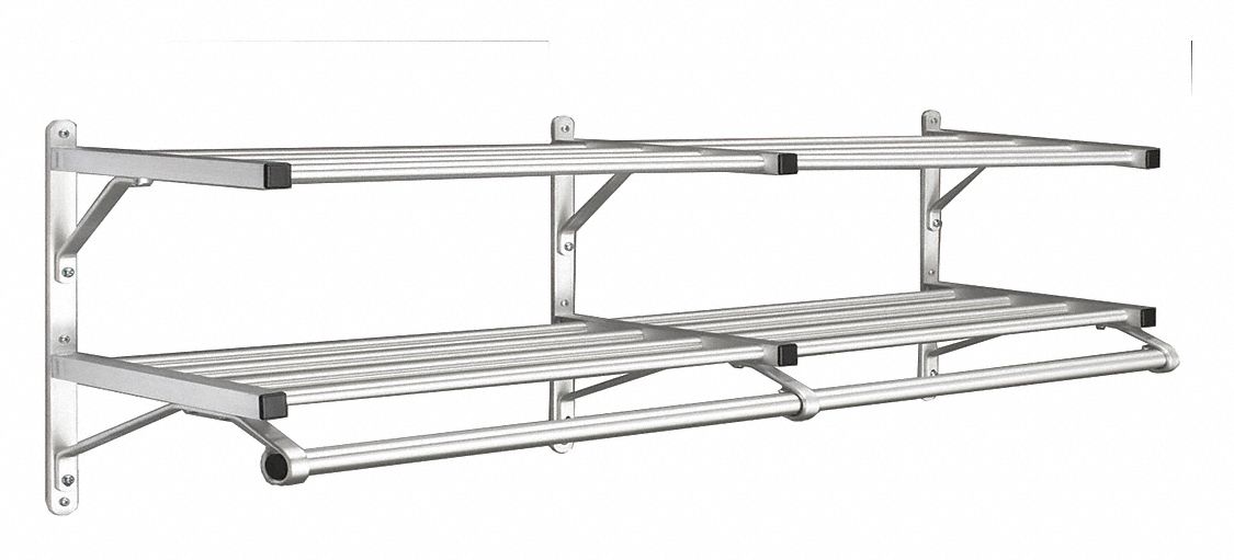 Wall-Mount Garment Rod: Rod Design (No ) Hooks, 18 1/2 in Overall Ht, 72 in Overall Wd, Silver