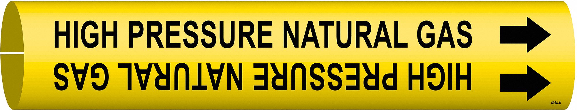 Pipe Marker: High Pressure Natural Gas, Yellow, Black, Fits 3/4 to 1 3/8 in Pipe O.D., With Arrows