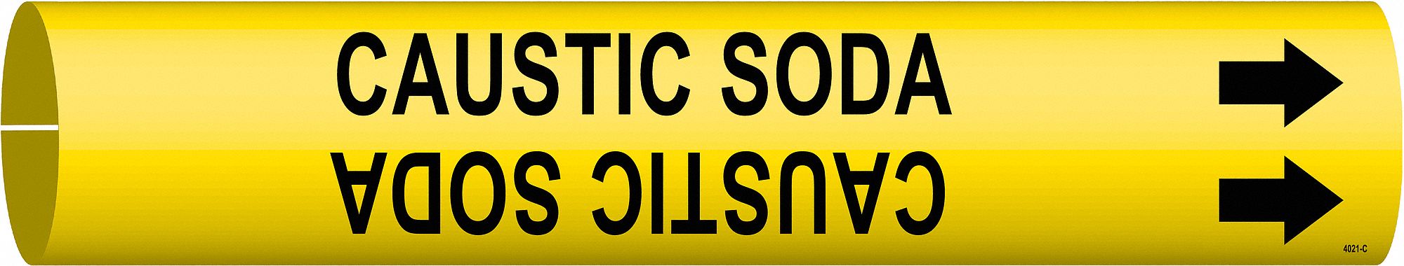Pipe Marker: Caustic Soda, Yellow, Black, Fits 2 1/2 to 3 7/8 in Pipe O.D., 1 Pipe Markers