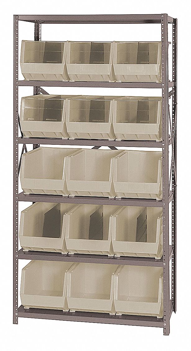 Bin Shelving: 36 in x 18 in x 75 in, 1 Sided, 15 Bins, Open, White