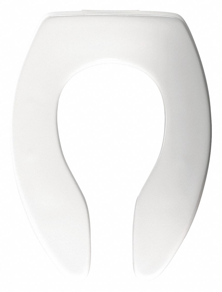 TOILET SEAT: WHITE, PLASTIC WITH STAINLESS STEEL POSTS, SELF-SUSTAINING CHECK HINGE, OPEN