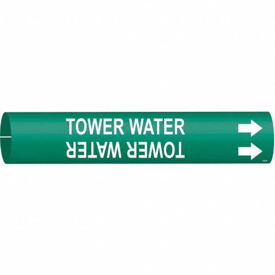 BRADY Pipe Marker Tower Water, Green, White, Fits 1 1/2 to 2 3/8 in