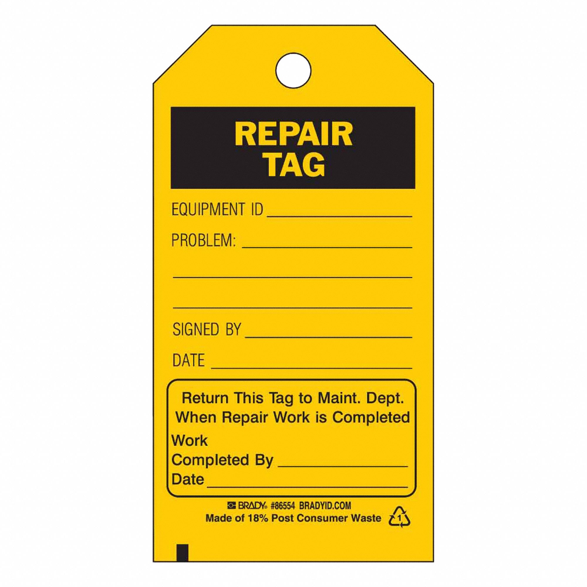 Tag: Repair Tag, 3 in Wd, 5 3/4 in Ht, Black/Yellow, Rectangle, Not Laminated, Indoor/Outdoor, 10 PK