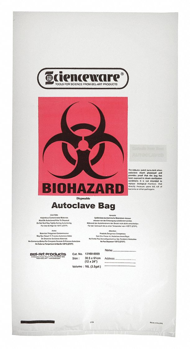 SP SCIENCEWARE, 3 gal Capacity, 12 in Wd, Autoclavable Biohazard Bag