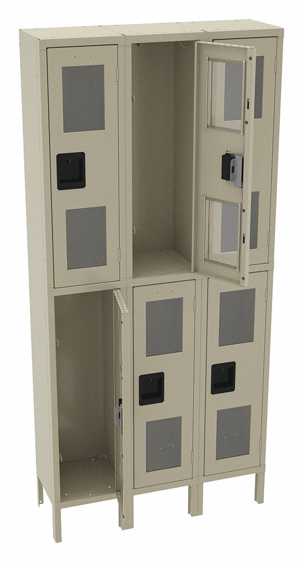 Wardrobe Locker: 36 in x 12 in x 78 in, Clearview, 2 Tiers, 3 Units Wide, Padlock Hasp, Tan