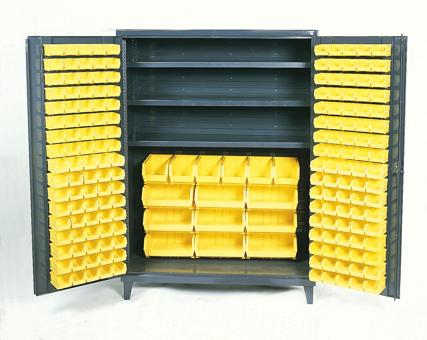 DURHAM MFG Bin 60 in x 24 in 84 in, 3 Shelves, 185 Bins, Yellow, Flush, 14 ga Panel