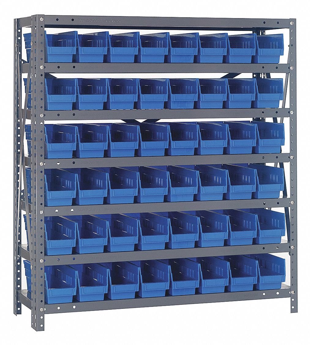 Bin Shelving: 36 in x 18 in x 39 in, 1 Sided, 48 Bins, Open, Shelf Bin, Blue