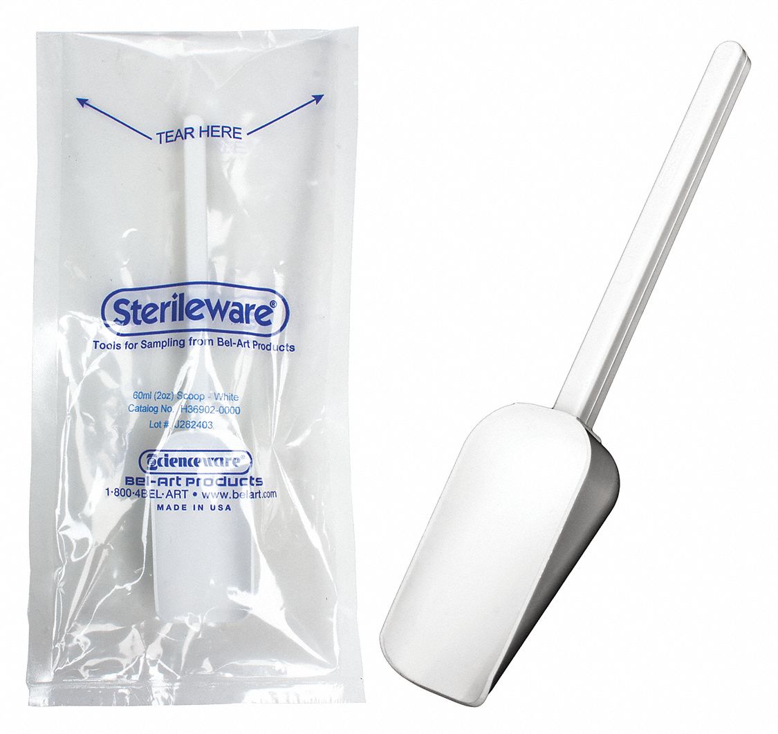 Scoop: Sterile, Polystyrene, 60 mL Capacity - mL, 2 fl oz Capacity - oz, 20.5 cm Overall Lg, White