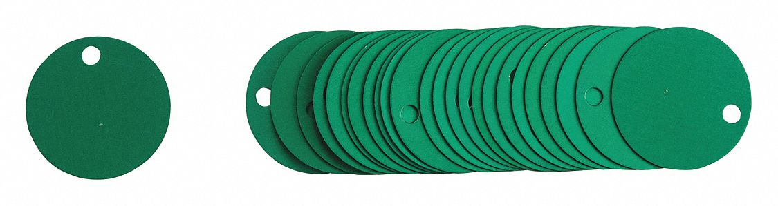 Blank Tags: Aluminum, 1 1/2 in Dia, Green, Round, 1 1/2 in, 25 PK