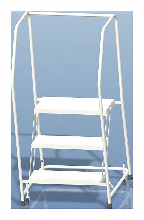 Rolling Ladder: 2.4 ft Platform Ht, Assembled, Aluminum, Wt-Actuated, Ribbed