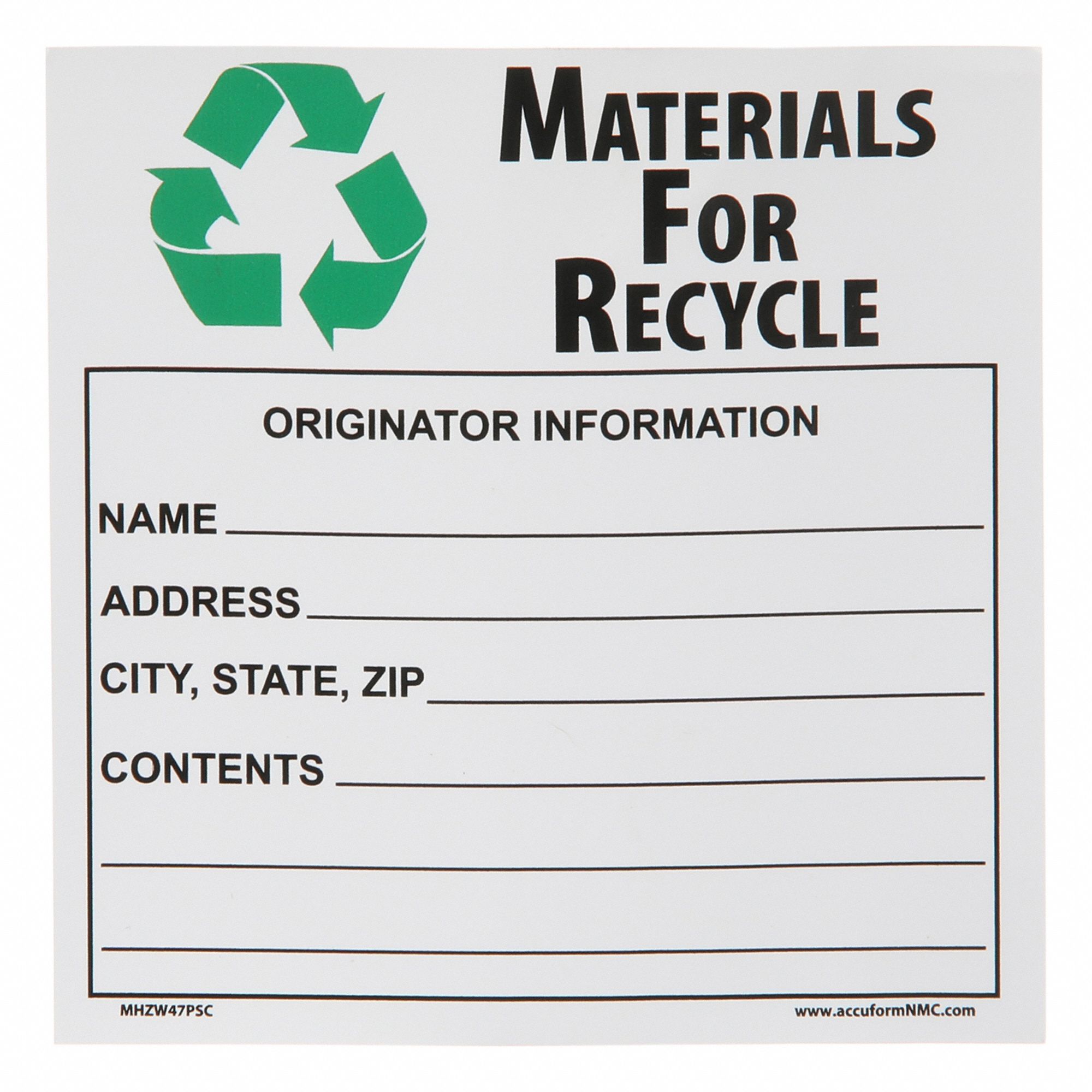 DOT Handling Label: Materials For Recycle/Originator Information, 4 in x 4 in, 100 PK