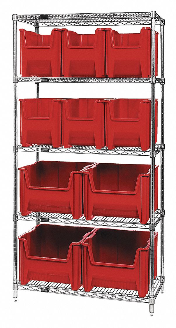 Bin Shelving: 36 in x 18 in x 74 in, 10 Bins, 5 Shelves, Open, Red