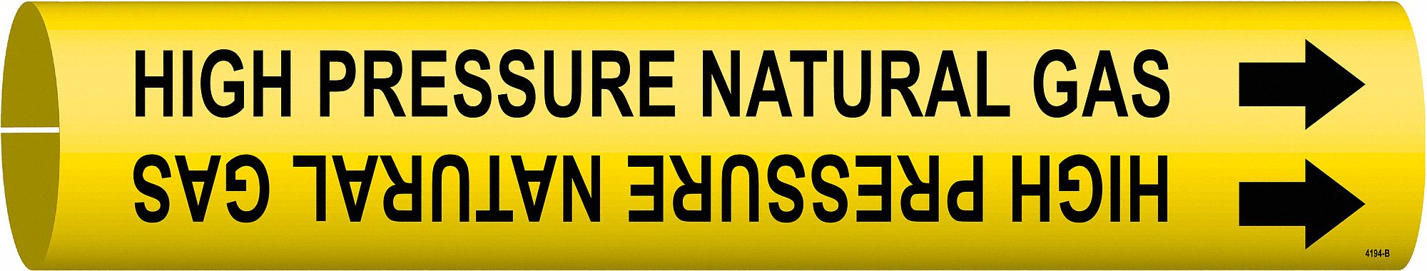 Pipe Marker: High Pressure Natural Gas, Yellow, Black, Fits 1 1/2 to 2 3/8 in Pipe O.D., With Arrows