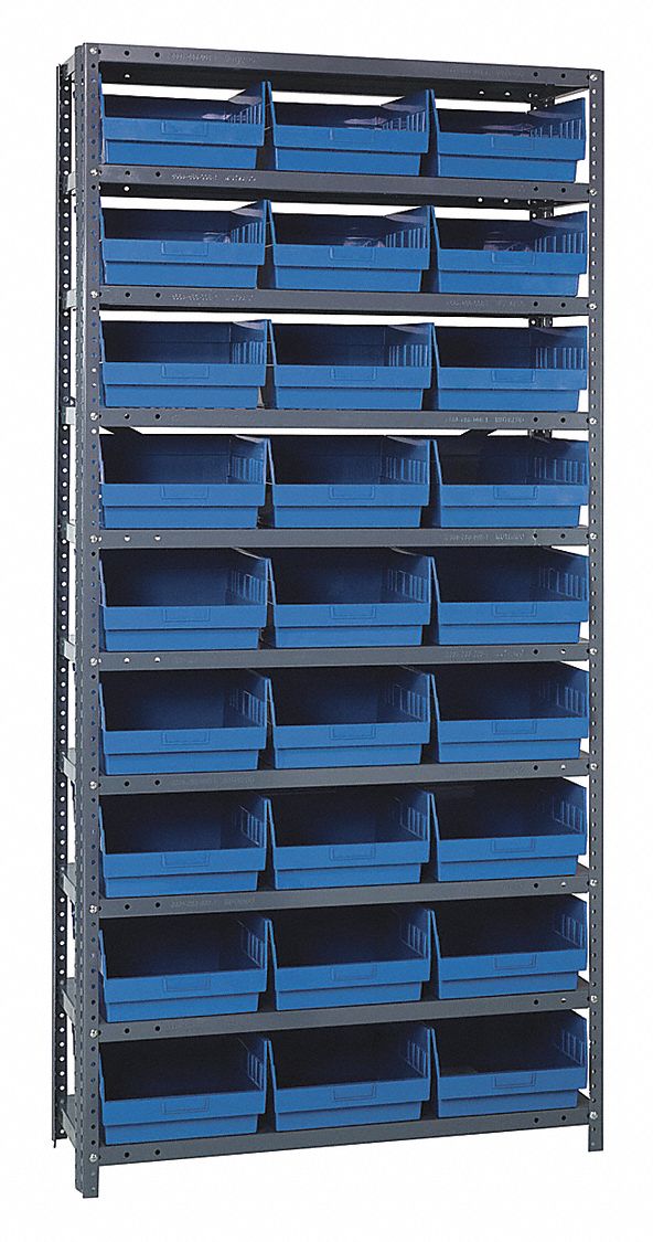 Bin Shelving: 36 in x 18 in x 75 in, 1 Sided, 36 Bins, Open, Shelf Bin, Blue