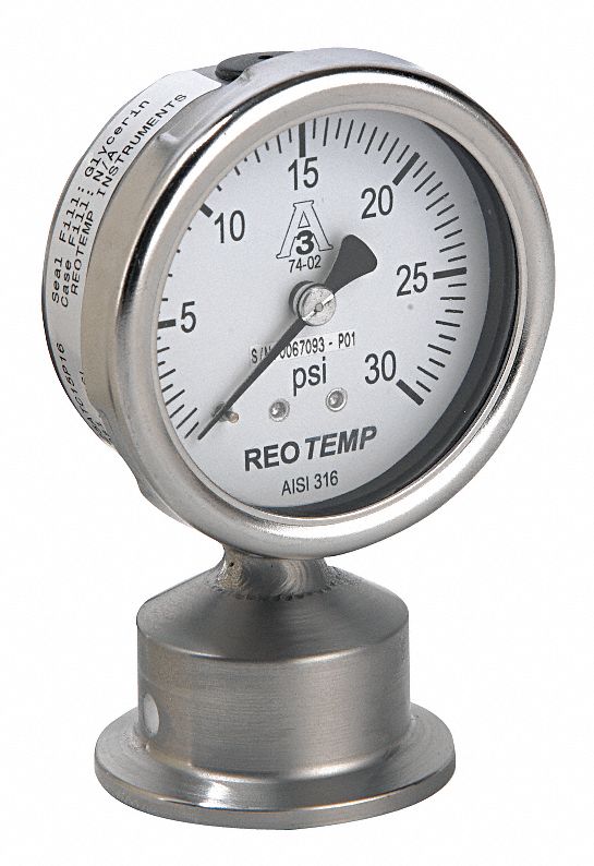 Pressure Gauge: 0 psi to 200 psi, 2 1/2 in Dial, 1 1/2 in Tri-Clamp, Bottom, ±1.50% Accuracy