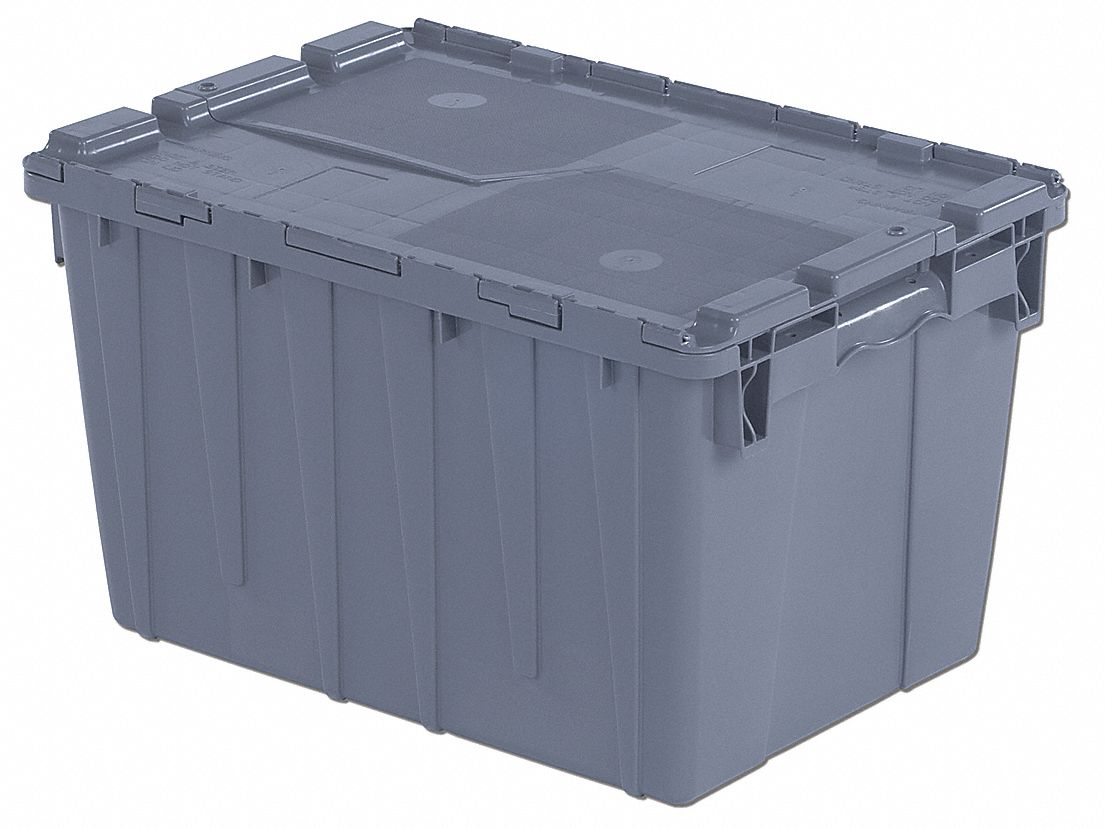Attached Lid Tote: 13.5 gal, 21 3/4 in x 15 1/4 in x 12 7/8 in, Gray Body, Gray Lid, Plastic