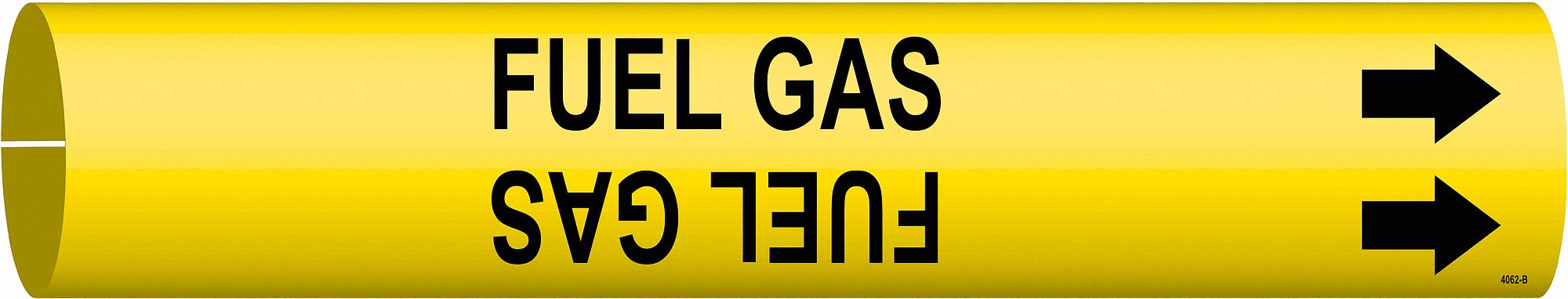 Pipe Marker: Fuel Gas, Yellow, Black, Fits 1 1/2 to 2 3/8 in Pipe O.D., 1 Pipe Markers, With Arrows