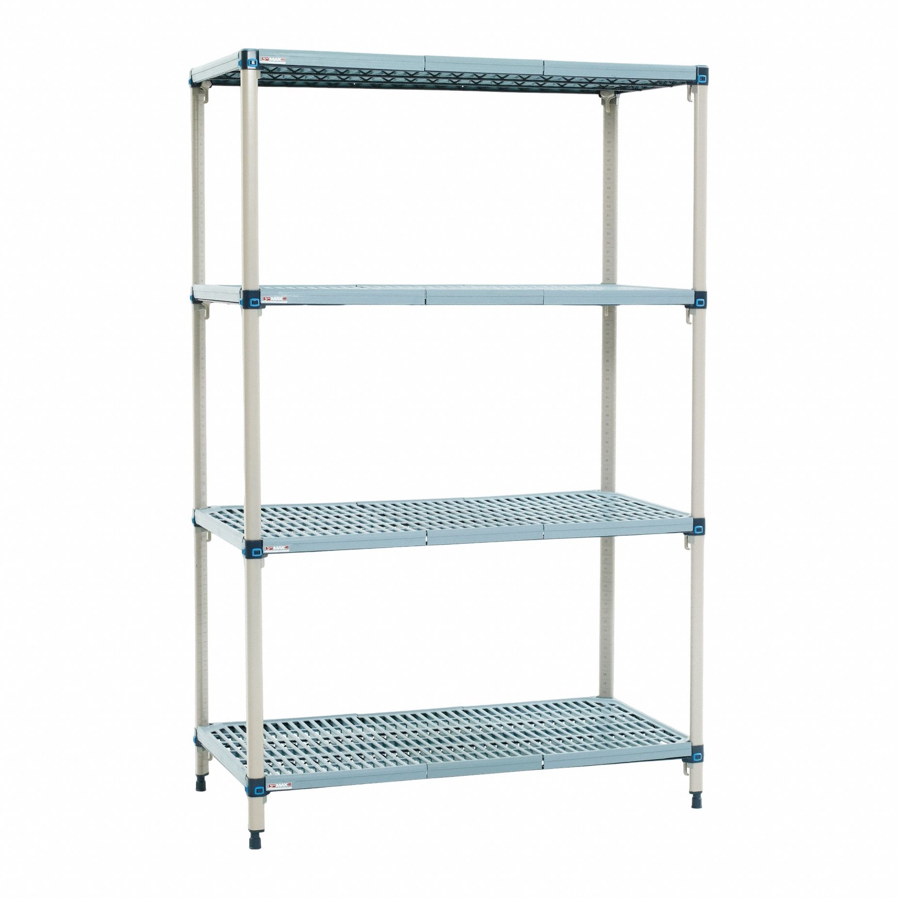 Plastic Shelving: 36 in x 18 in, 62 in Overall Ht, 4 Shelves, 800 lb Load Capacity per Shelf