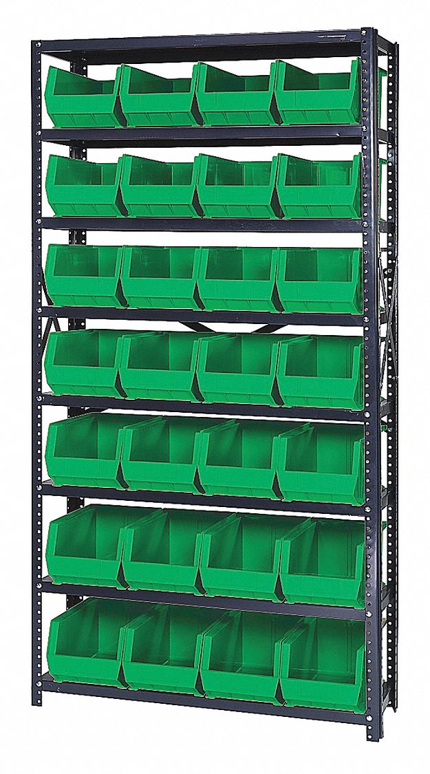 Bin Shelving: 36 in x 12 in x 75 in, 1 Sided, 28 Bins, Open, Green