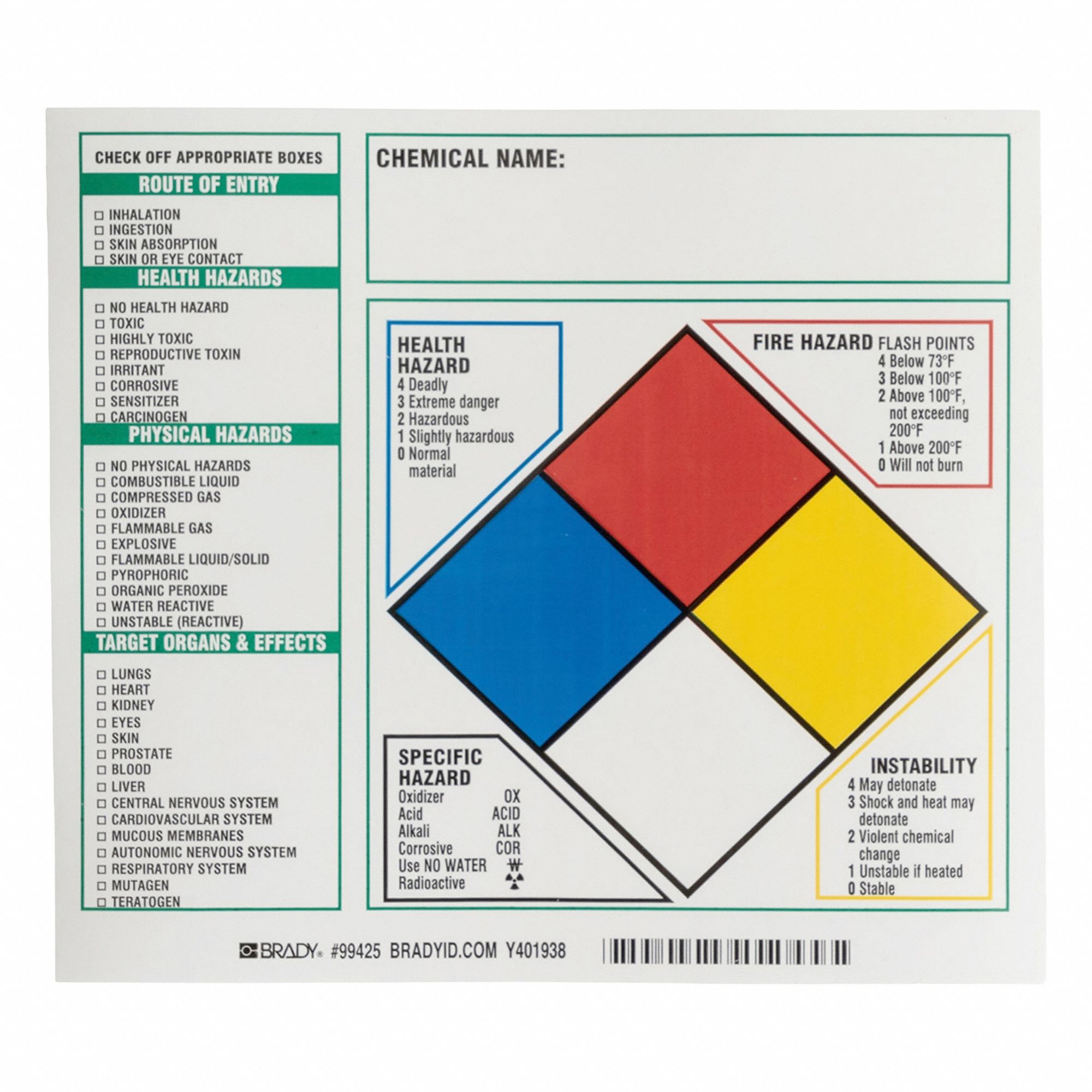 NFPA Label: 8 in Wd, 7 in Ht, Paper, -40°F – 149°F Temp Range, 100 PK