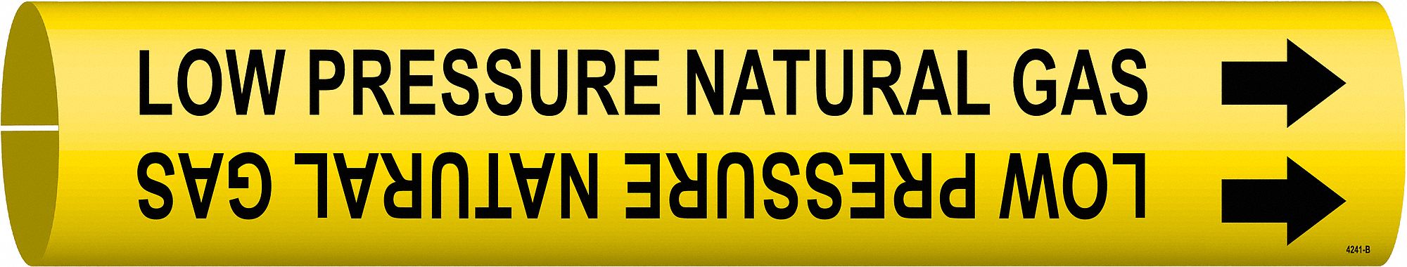 Pipe Marker: Low Pressure Natural Gas, Yellow, Black, Fits 1 1/2 to 2 3/8 in Pipe O.D., With Arrows