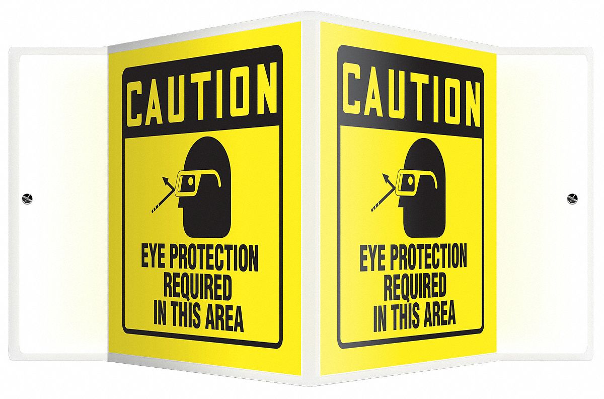V-SHAPE PROJECTION SIGN, PLASTIC, EYE PROTECTION REQUIRED IN THIS AREA, HEADER CAUTION, V-SHAPED, YELLOW/BLACK