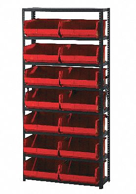 Bin Shelving: 36 in x 12 in x 75 in, 1 Sided, 24 Bins, Open, Red, 7 Shelves