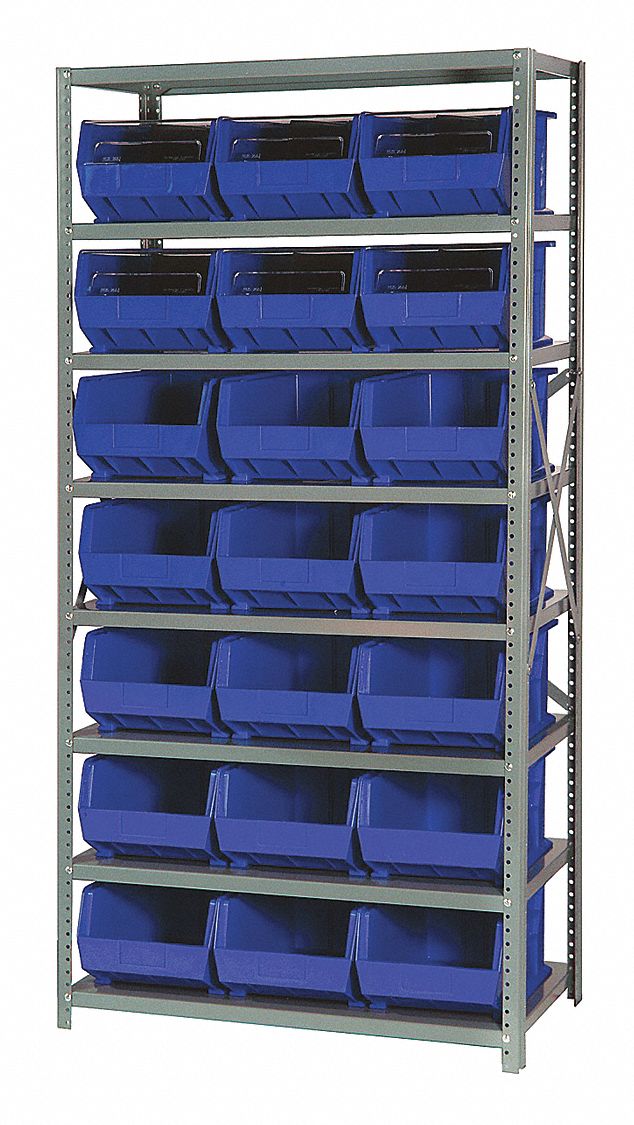 Bin Shelving: 36 in x 18 in x 75 in, 1 Sided, 21 Bins, Open, Blue, 8 Shelves