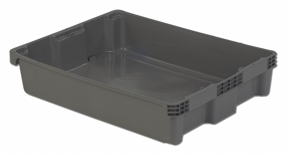 Stacking and Nesting Tote: 15.7 gal, 29 5/8 in x 22 3/8 in x 6 1/8 in, Gray, 10 to 20 gal