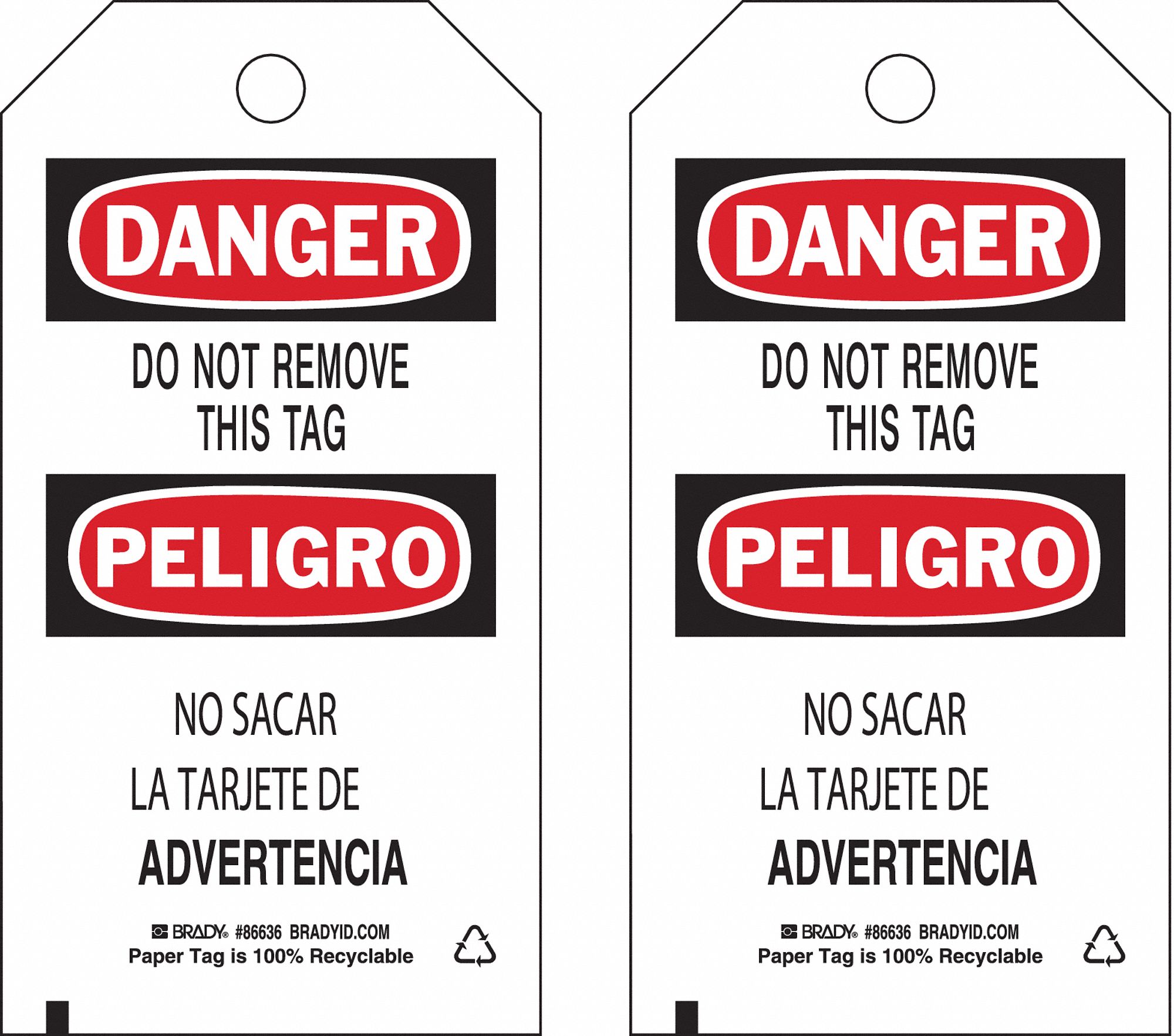 BRADY, Peligro/Danger, Do Not Remove Tag, Danger Bilingual Tags 9GCN5