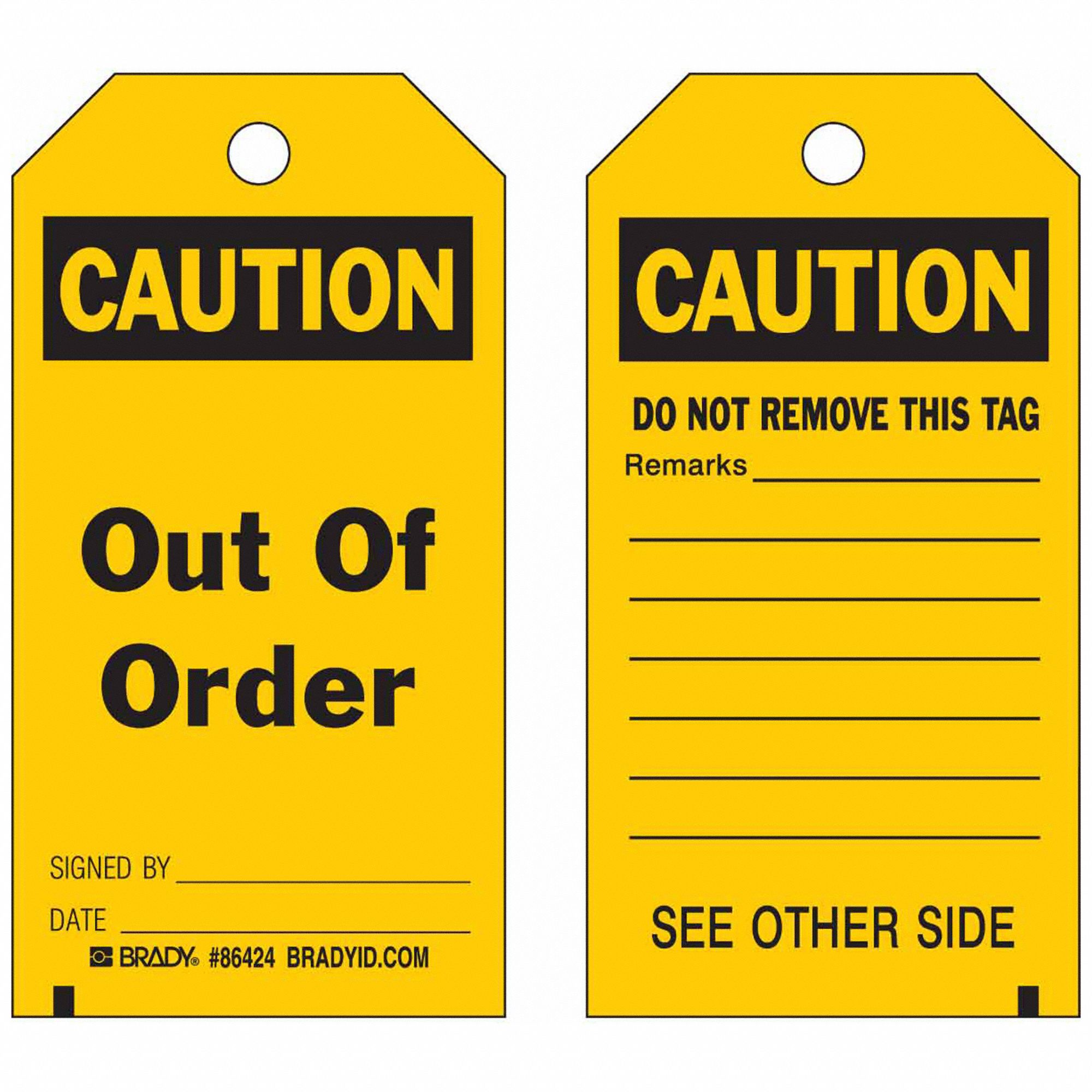 Tag: Caution, 3 in Wd, 5 3/4 in Ht, Black/Yellow, Rectangle, Matte, Heavy Duty Polyester, 10 PK