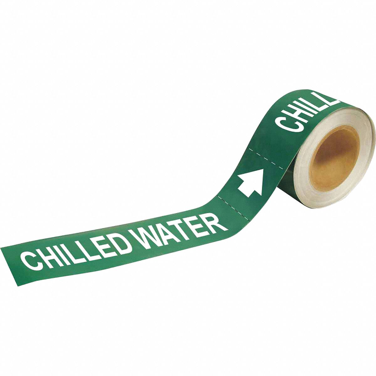 Pipe Marker: Chilled Water, Green, White, Fits 1 1/2 to 2 in Pipe O.D., 25 Pipe Markers, With Arrows
