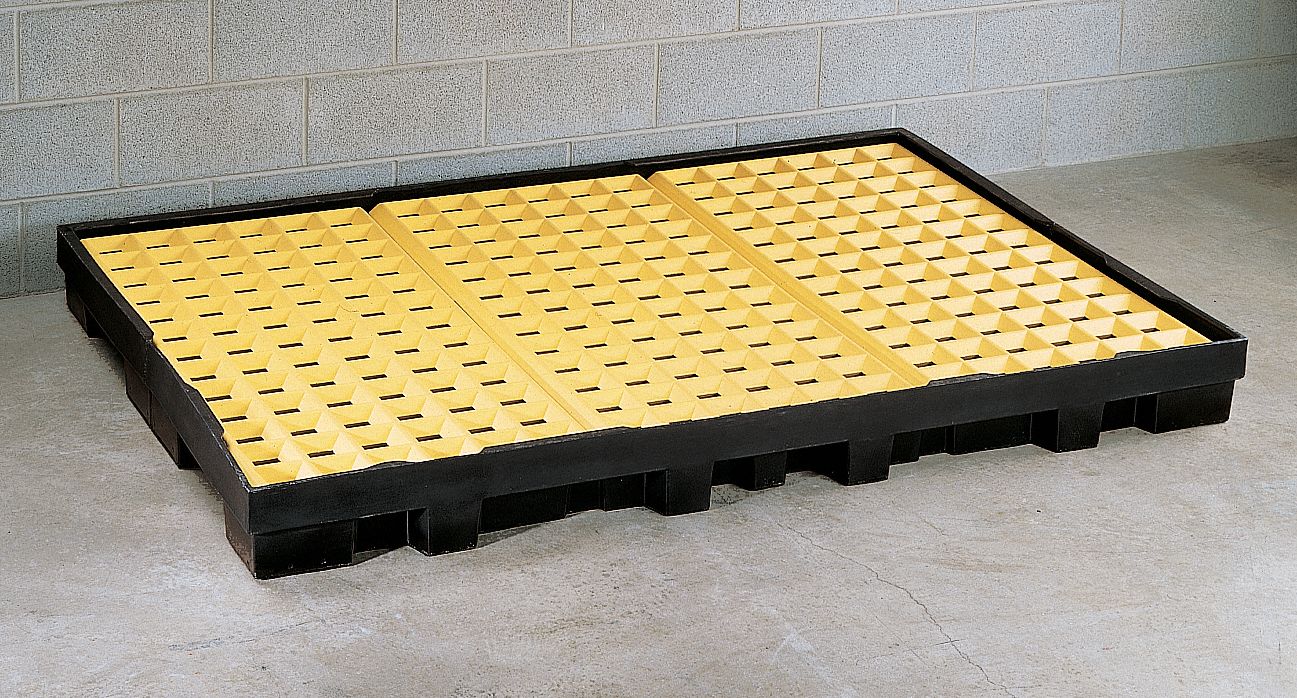 SPILL PALLET, 6 DRUM, UNCOVERED, HI DENSITY, YELLOW, 51 1/2 X 78 1/4 X 6 1/2 IN, POLYETHYLENE