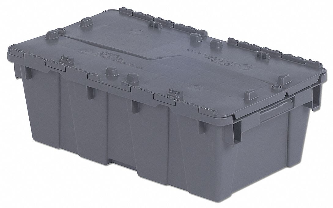 Attached Lid Tote: 5.2 gal, 19 3/4 in x 11 3/4 in x 7 1/4 in, Gray Body, Gray Lid, Plastic