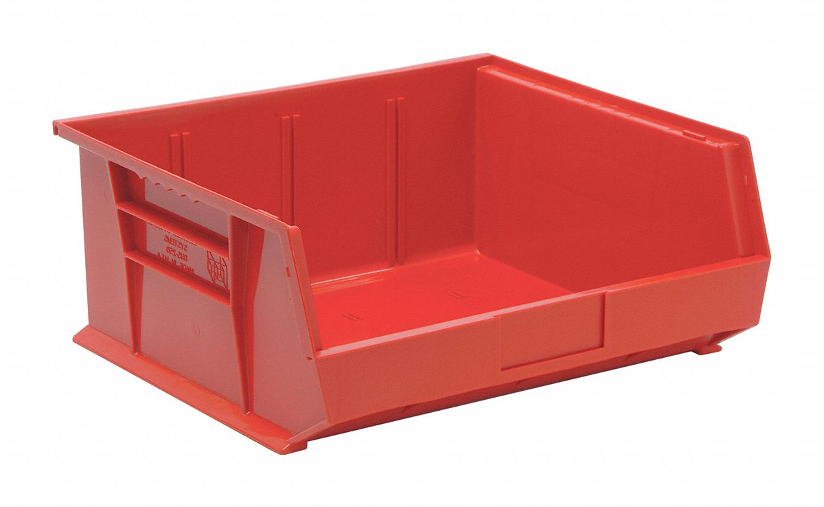 HANG AND STACK BIN, 16½ IN X 14¾ IN X 7 IN, RED, LABEL HOLDERS