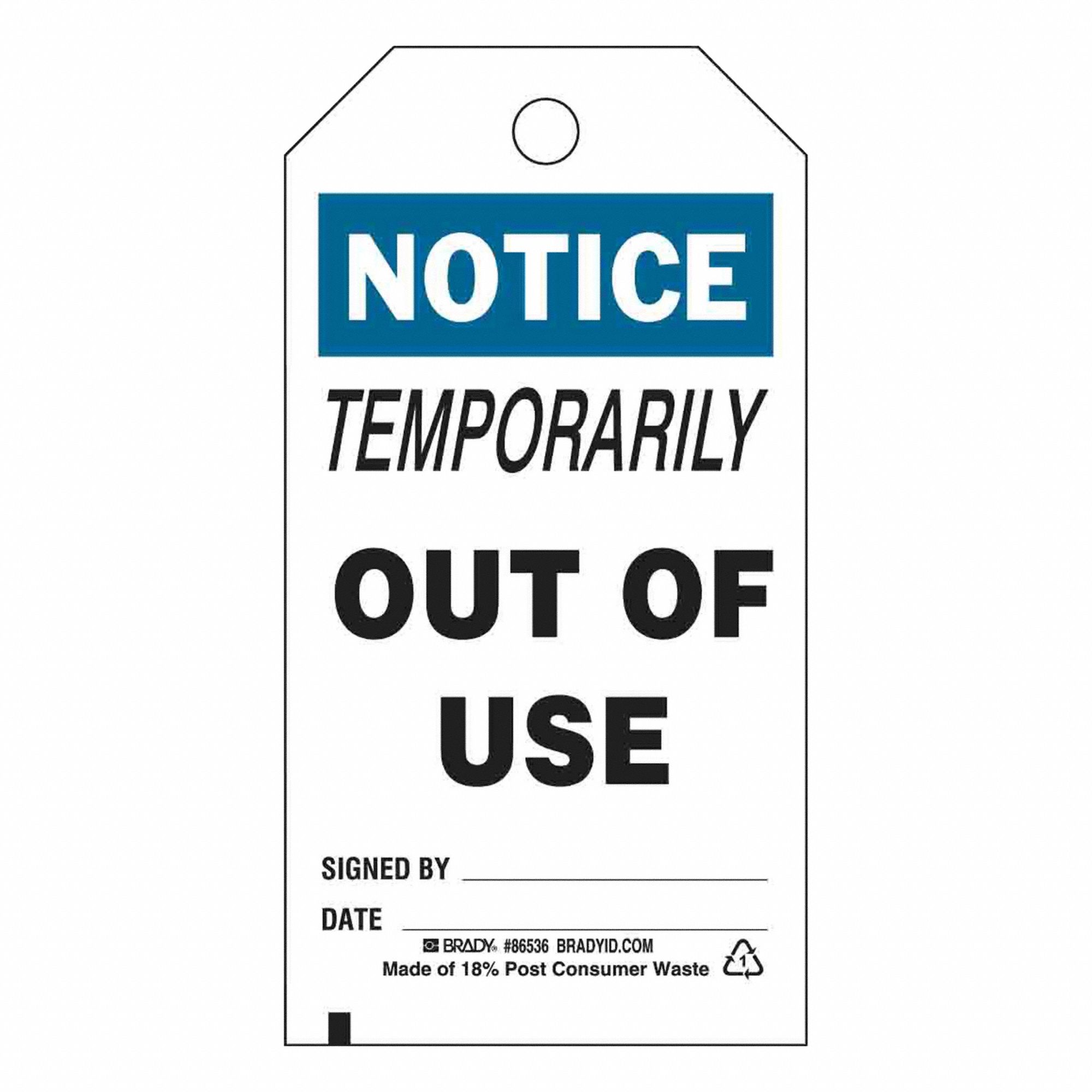 Tag: Notice, 3 in Wd, 5 3/4 in Ht, Black/Blue/White, Rectangle, Polyester, Indoor/Outdoor, 10 PK