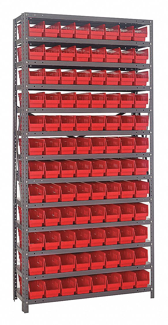 Bin Shelving: 36 in x 12 in x 75 in, 1 Sided, 96 Bins, Open, Shelf Bin, Red