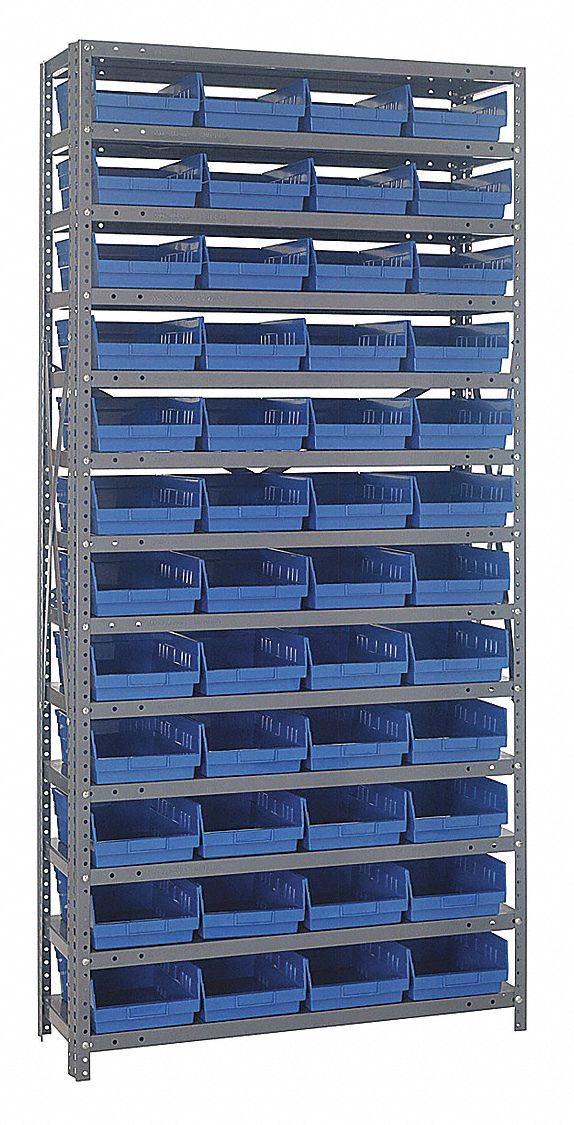 Bin Shelving: 36 in x 12 in x 75 in, 1 Sided, 48 Bins, Open, Shelf Bin, Blue