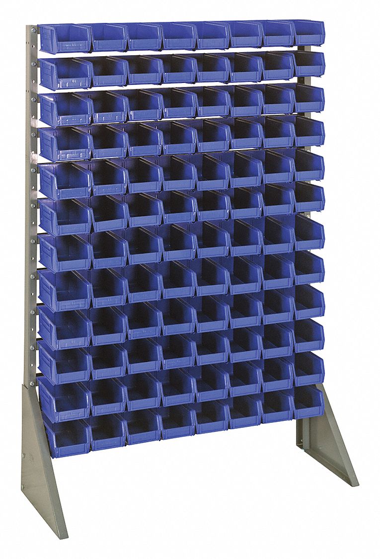 Bin Rail Floor Rack: 15 in x 36 in x 54 in, 1 Usable Sides, 96 Bins, Blue