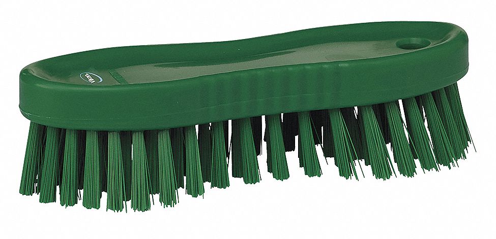 Scrub Brush: Medium, Plastic, 6 1/2 in Brush Lg, 6 1/2 in Handle Lg, 1 3/4 in Head Wd, Green