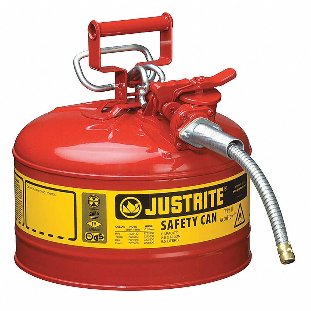 Type II Safety Can: For Use With Flammables, 2 1/2 gal Capacity, Includes 5/8 in OD Hose