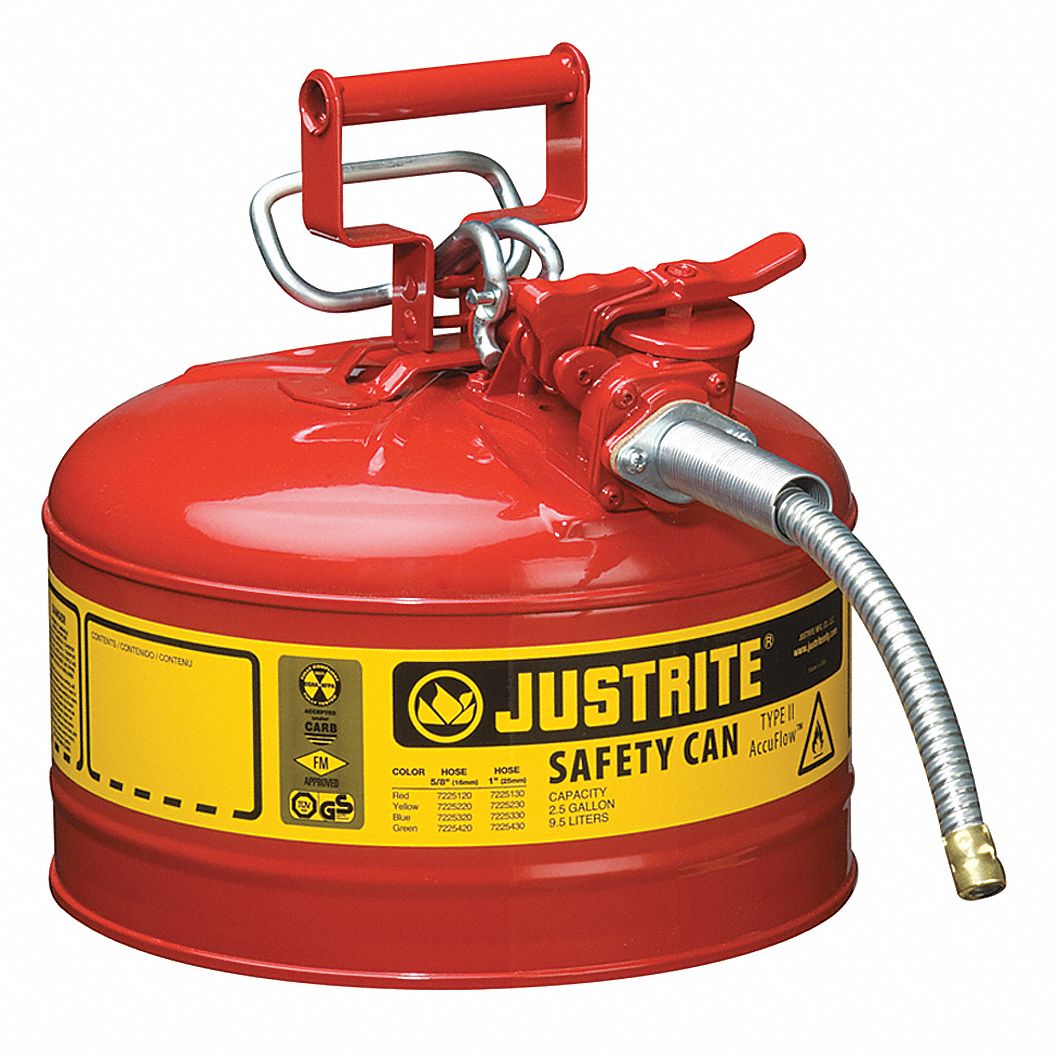 TYPE II SAFETY CAN, 2½ GAL, RED, GALVANIZED STEEL, 12 IN H, 11¾ IN OD, FOR FLAMMABLES