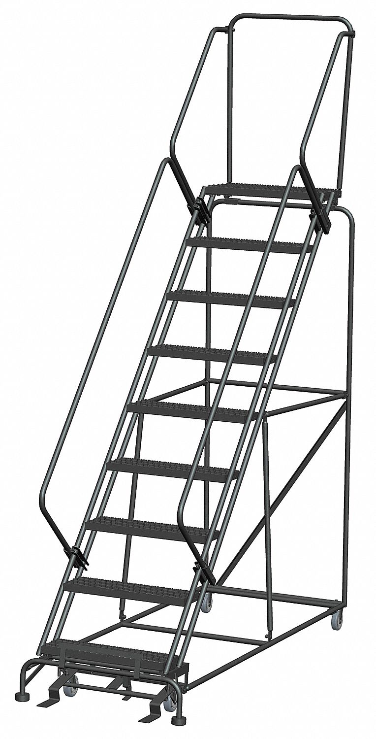 ROLLING LADDER, 7½FT PLATFORM H, ASSEMBLED, STEEL, MANUAL LOCK, SERRATED, 32 IN X 82 IN
