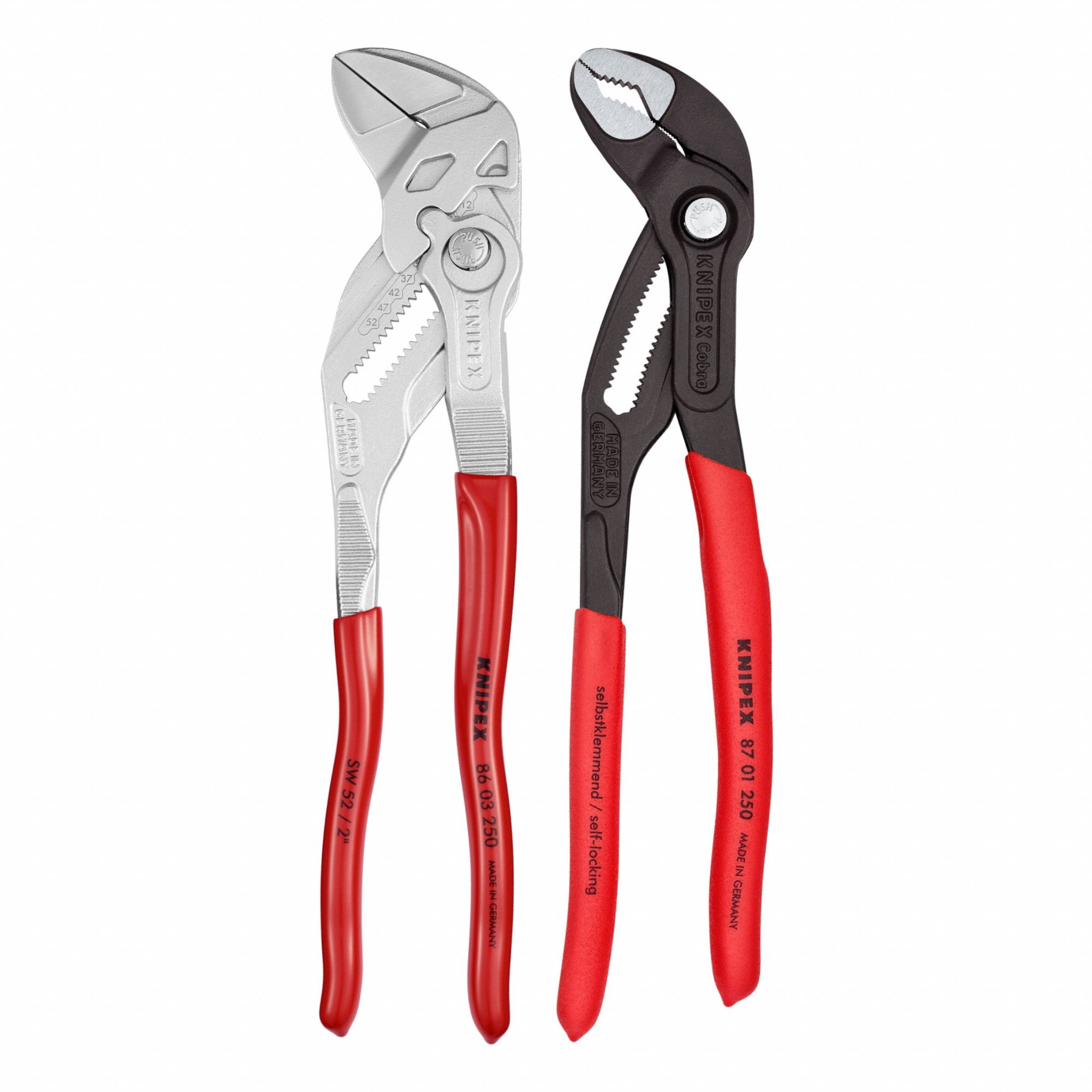 Tongue & Groove Plier Set: Curved/Flat, Push Button, 2 in_1 3/4 in Max Jaw Opening, Serrated/Smooth