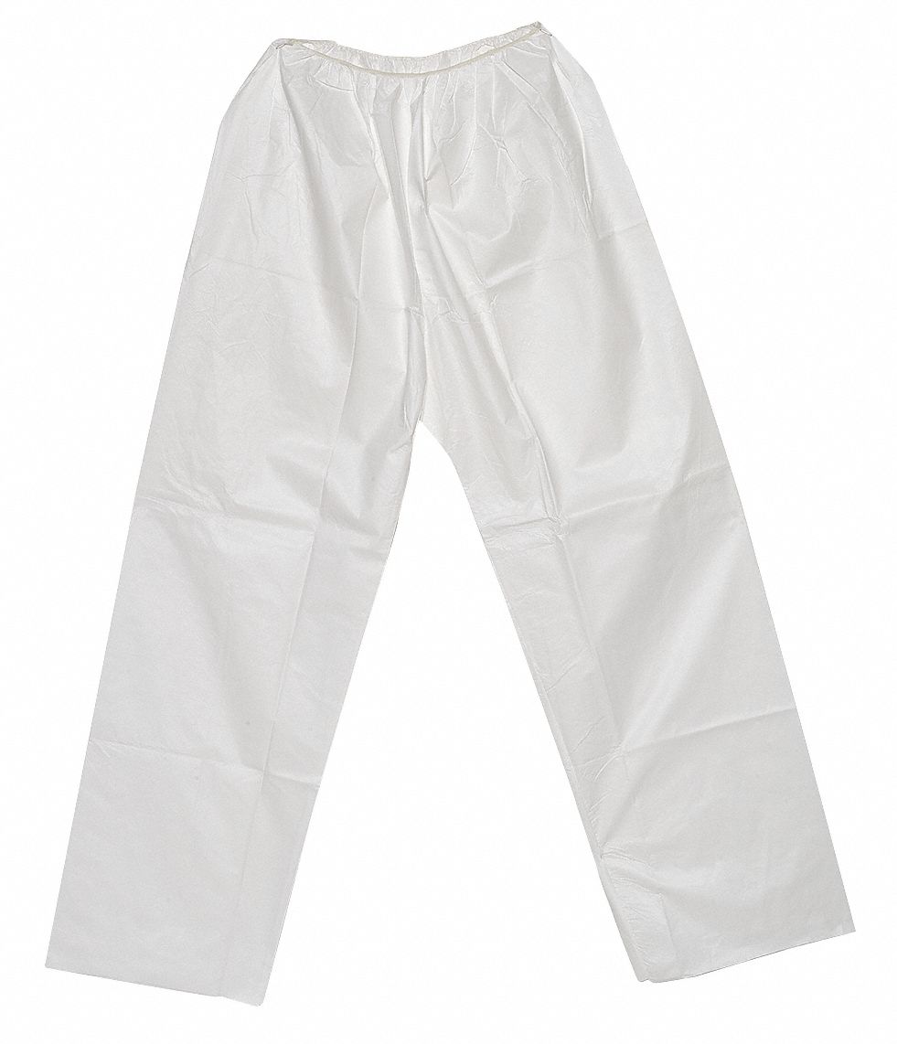 DISPOSABLE PANTS, M, ELASTIC CUFFS/WAIST, WHITE, SERGED SEAM