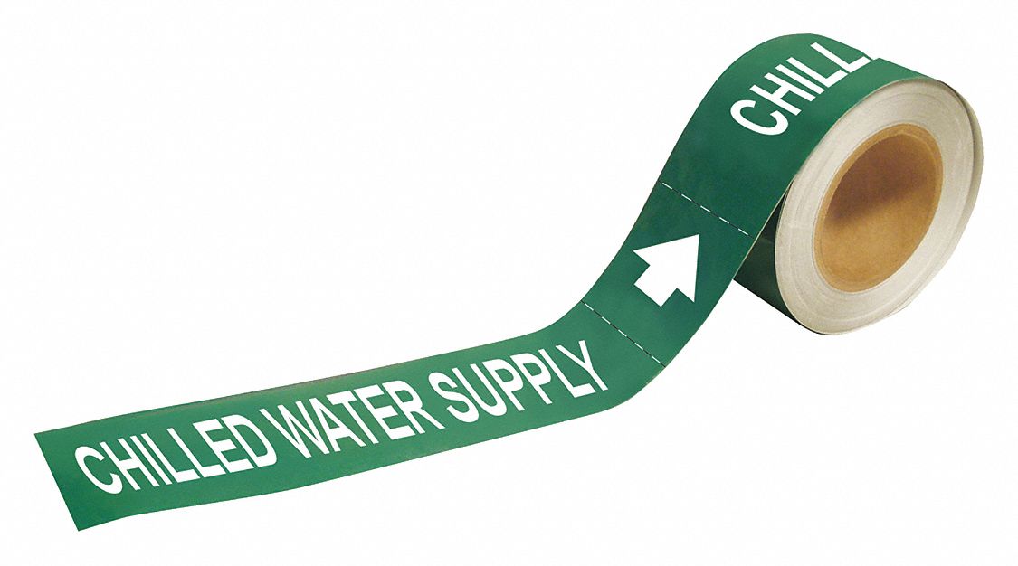 Pipe Marker: Chilled Water Supply, Green, White, Fits 2 1/2 to 6 in Pipe O.D., 25 Pipe Markers