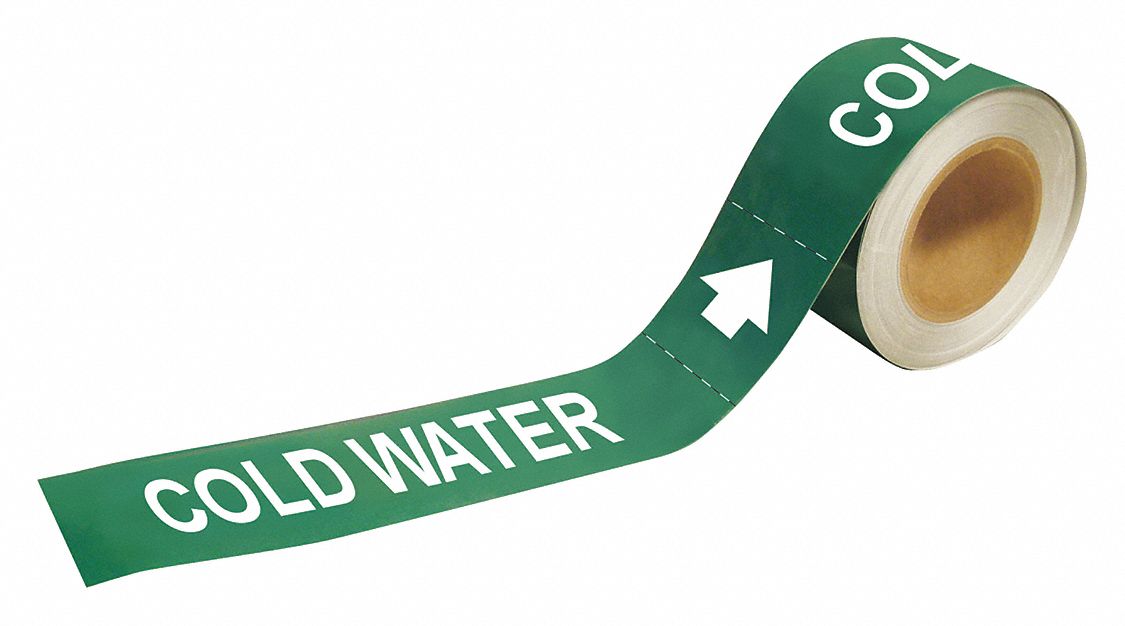 Pipe Marker: Cold Water, Green, White, Fits 2 1/2 to 6 in Pipe O.D., 25 Pipe Markers, With Arrows