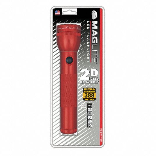 Handheld Flashlight D Battery, LED, 10.0 in Lg, 213 lm Max Lumens Output, Aluminum, Red Grainger