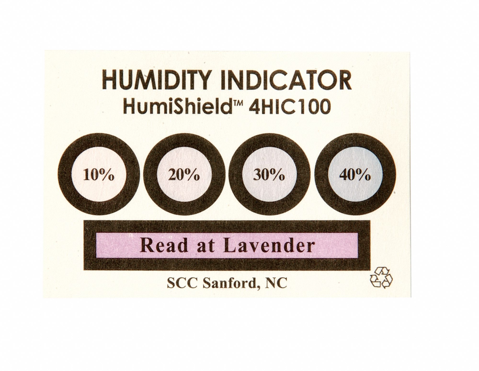 HUMIDITY INDICATOR, 2 IN W, 3 IN L, 4 DOTS, 10%/20%/30%/40% HUMIDITY LEVELS, 100 PK