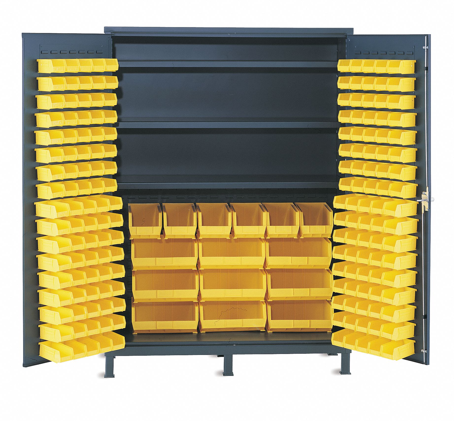 Bin Cabinet: 60 in x 24 in 84 in, 3 Shelves, 185 Bins, Yellow, Flush, 14 ga Panel, Gray